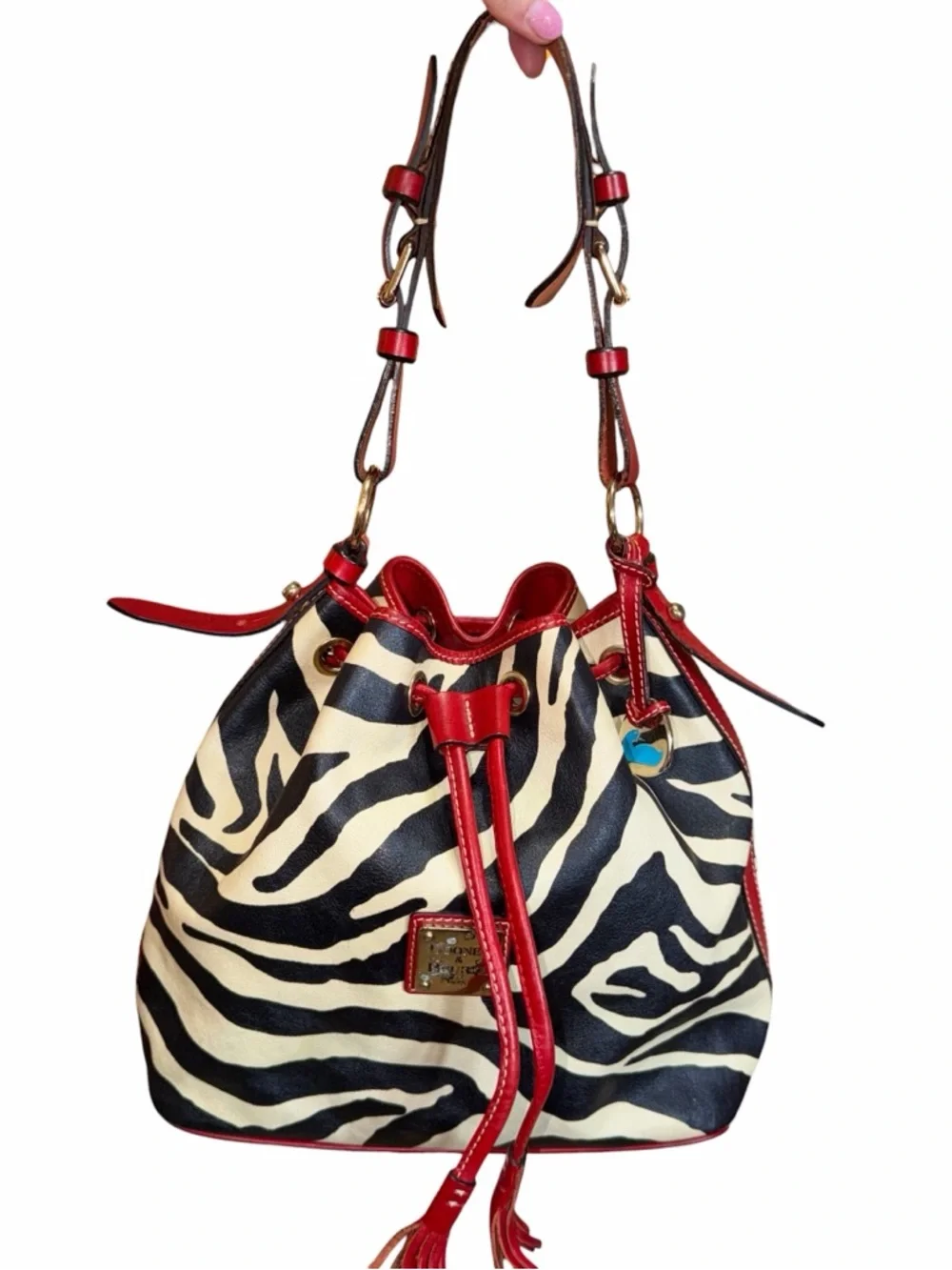 Dooney & Bourke Red Trim Zebra-Print Drawstring Bucket Bag